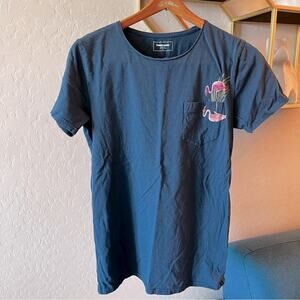 Dressmann flamingo pocket tee shirt 100% cotton raw hem mens small S navy blue